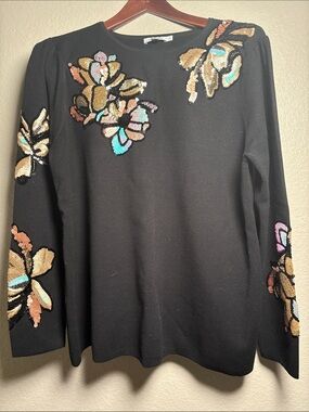 Chico's Black Sweater with Multicolor Sequin Floral Appliqués